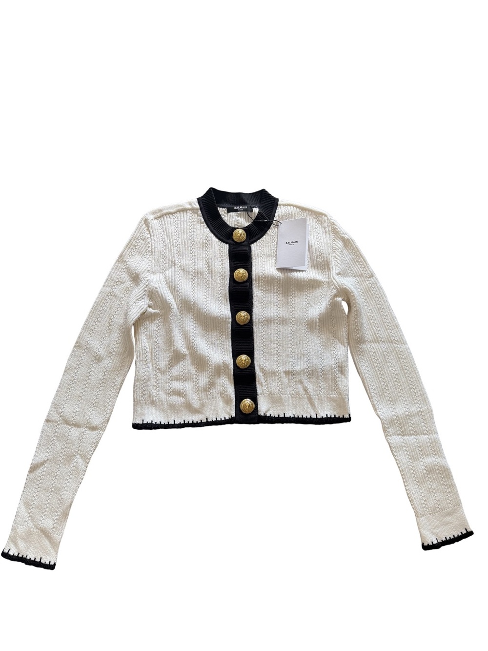 Balmain Cropped White Knit Cardigan with Black Trim and Gold Buttons